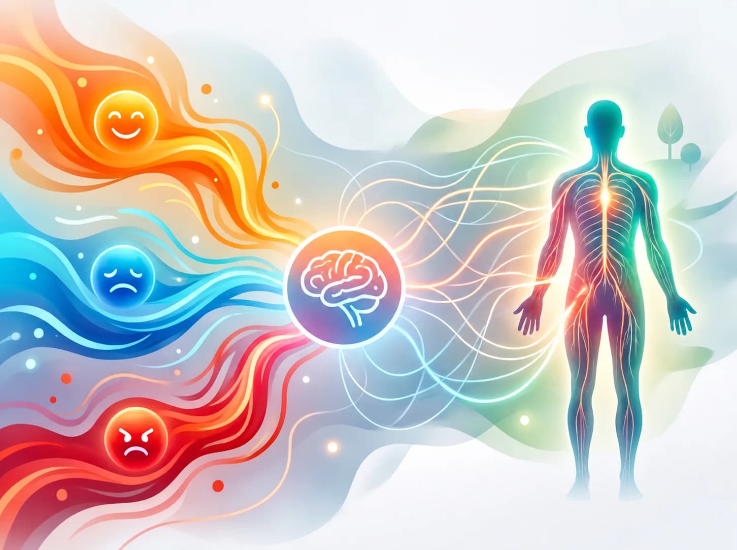 Illustration of three emotional currents — amber joy, blue sadness and red anger — flowing through a brain symbol into a glowing human nervous system