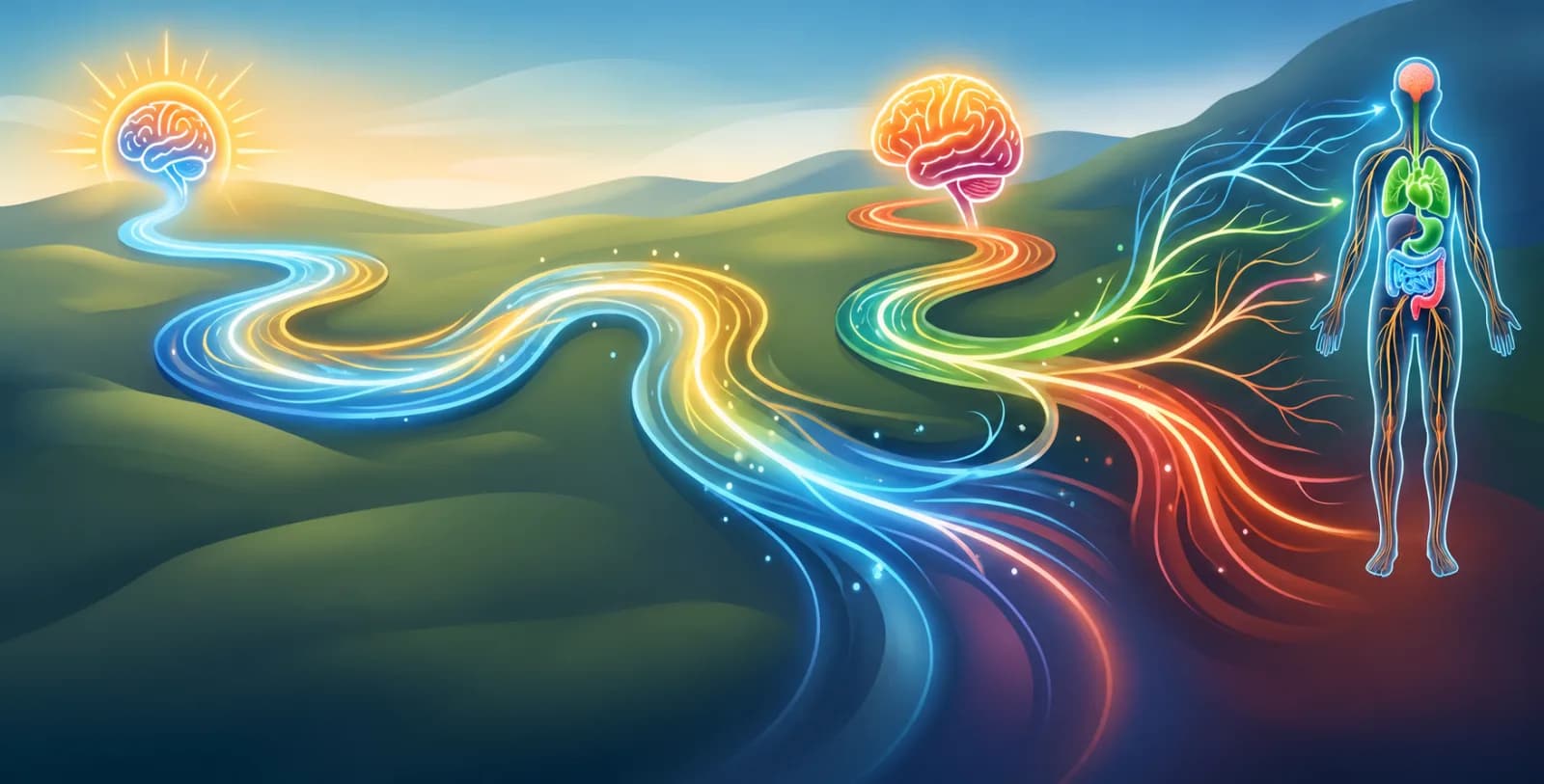 Cinematic illustration of luminous neural streams flowing from a radiant brain across a landscape into a human body with visible organs