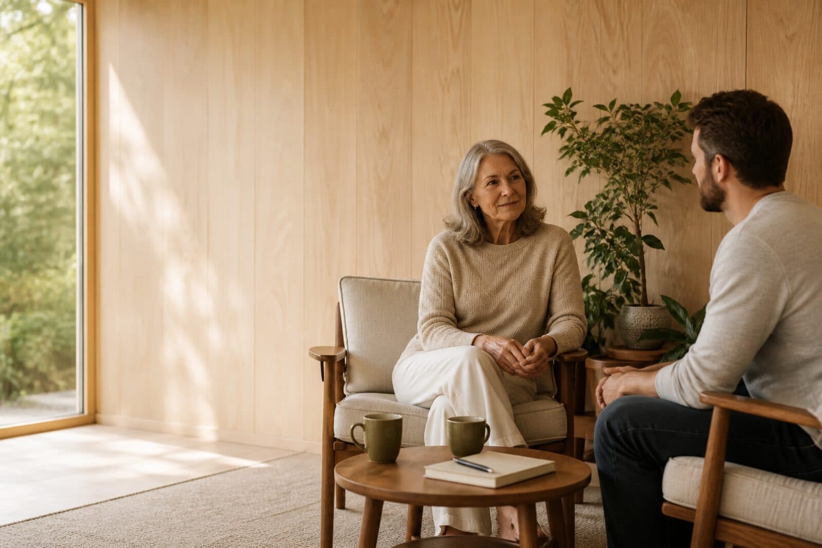 Two people in attentive conversation in a sunlit room — an in-person wellness session without screens between them